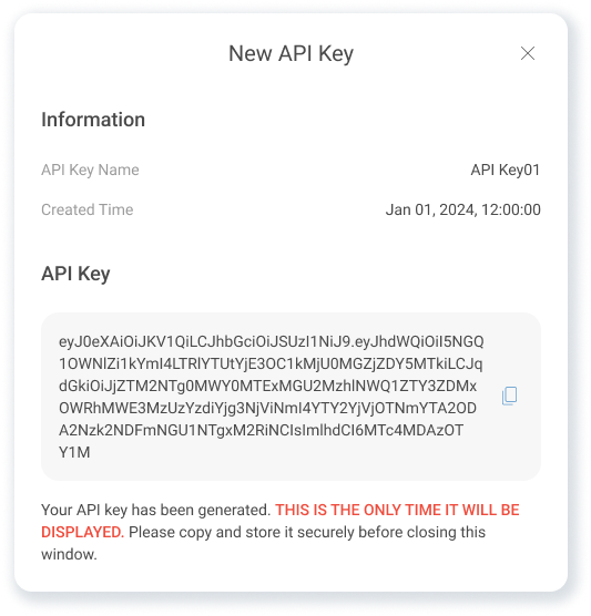 API key creation result showing the one-time credential