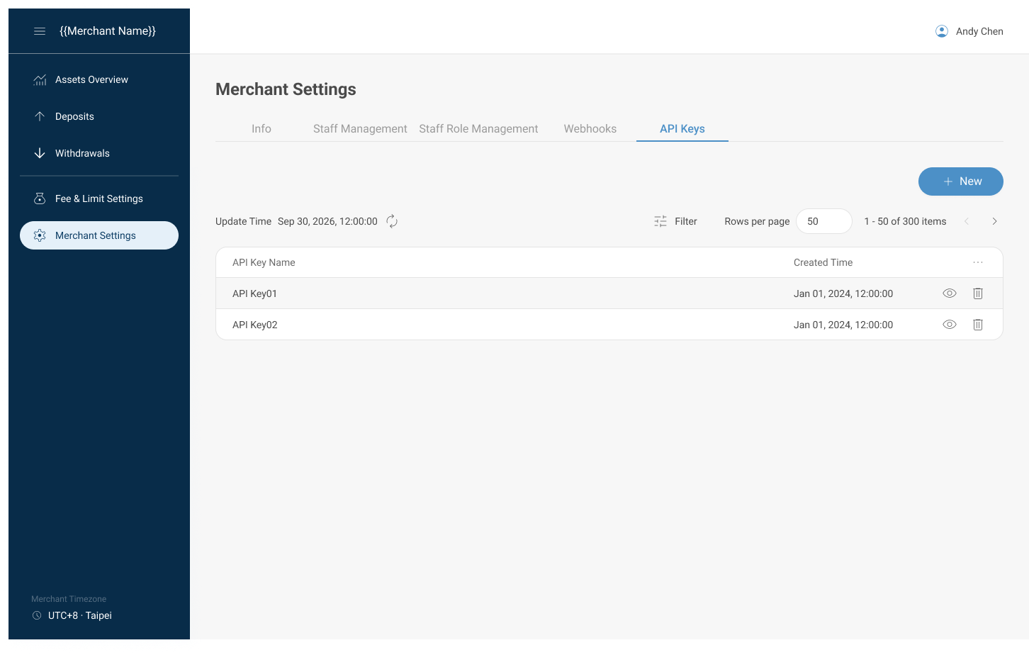 API key management page in the merchant Console